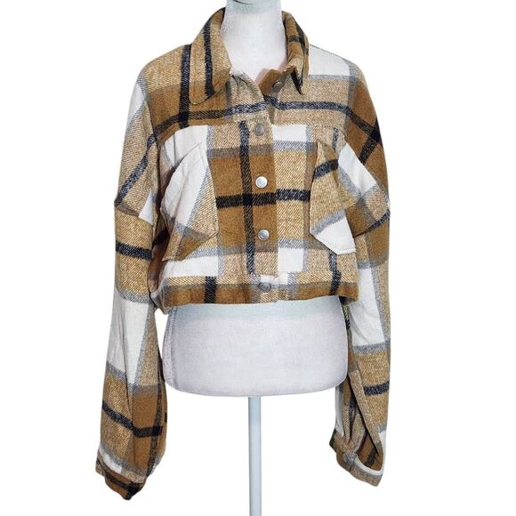HYFVE Brown Plaid Cropped Jacket NWOT Size Large Brown Plaid Jacket - Picture 1 of 11